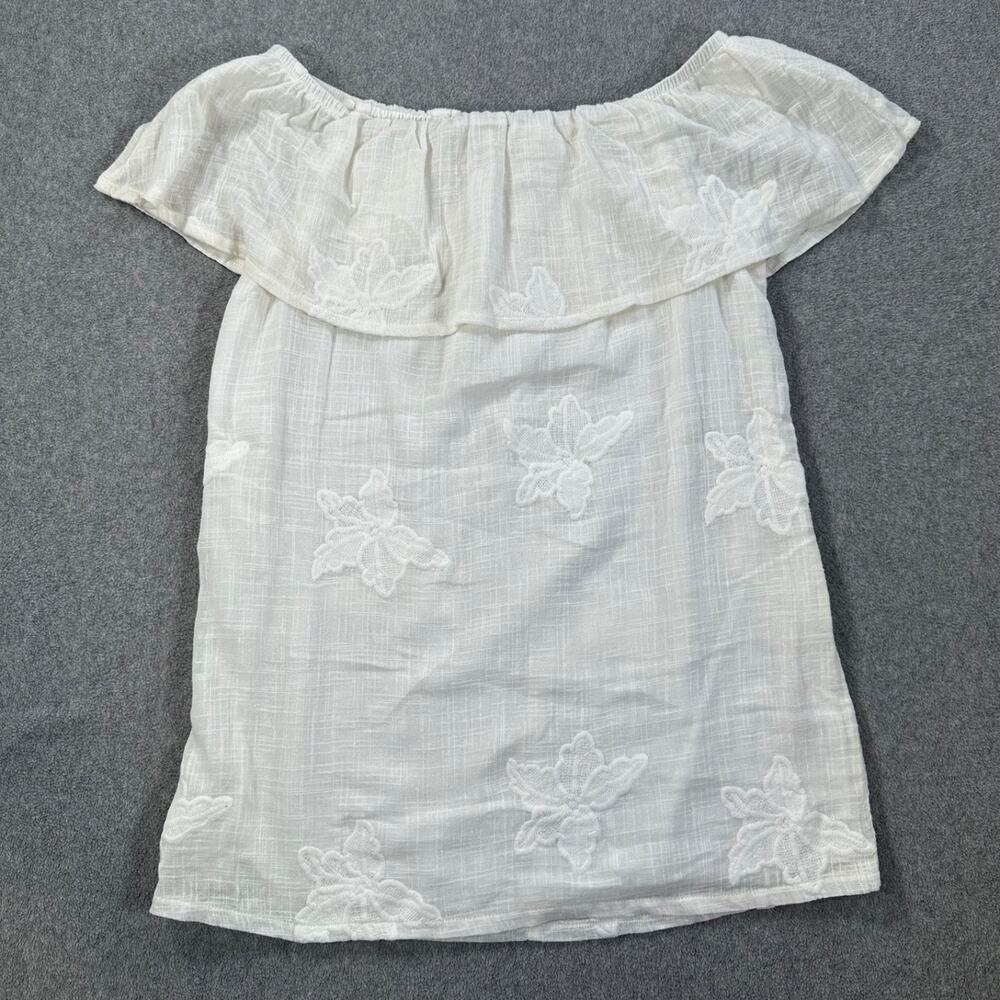 Glam Off Shoulder White Floral Embroidered Tunic Top Size Medium Gauzy Cotton